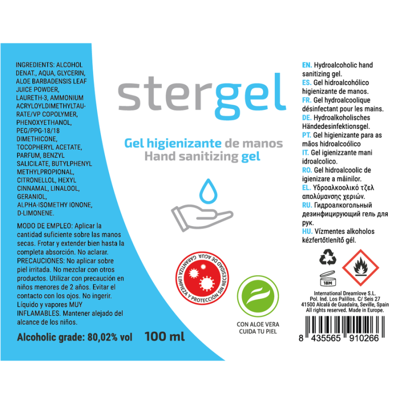 STERGEL - GEL HIDROALCOHÓLICO HIGIENIZANTE DE MANOS ALOE VERA 100ML